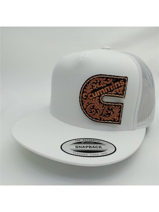 Luxury Cummins Tooled Leather Patch Yupoong White Flat Bill Hat Snapback Diesel